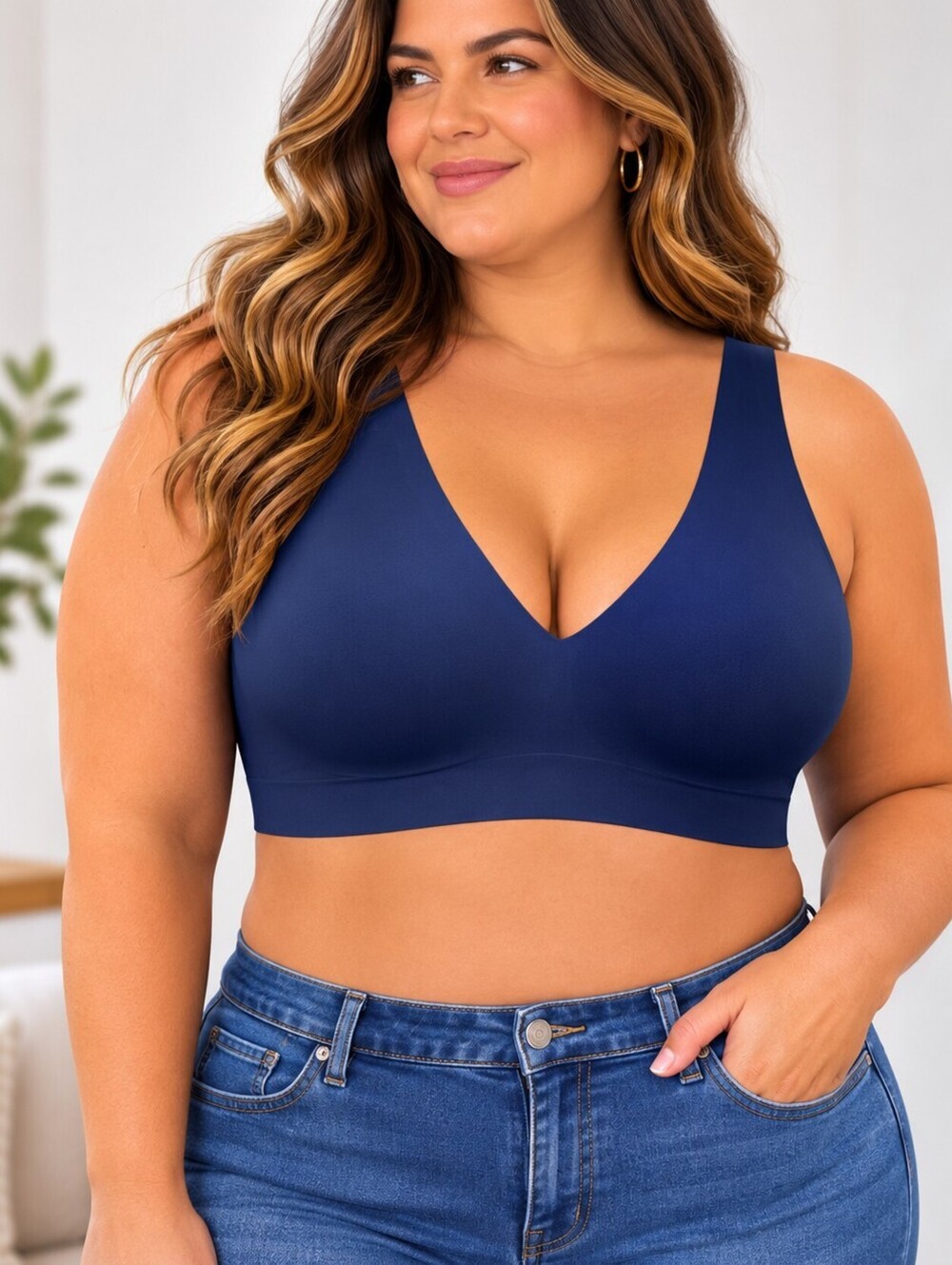 Nautica Wireless V-Neck Bra in Navy Blue, Size 2X Grey Shapewear Plus No Wire